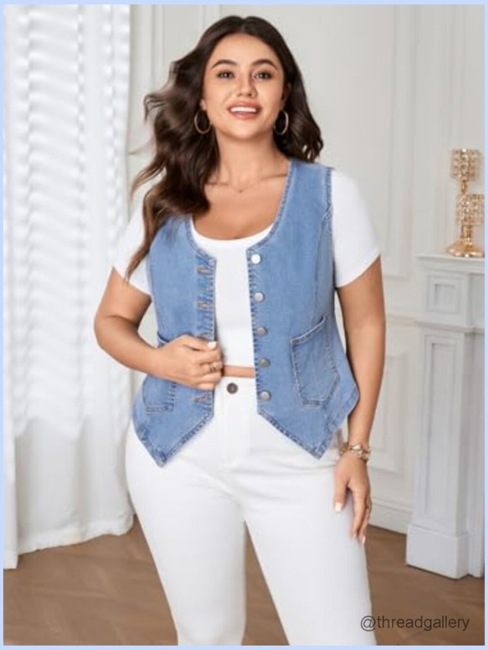 Plus Size Denim Vest Sleeveless V Neck Button Down Cropped Waistcoat Top with - Picture 2 of 7